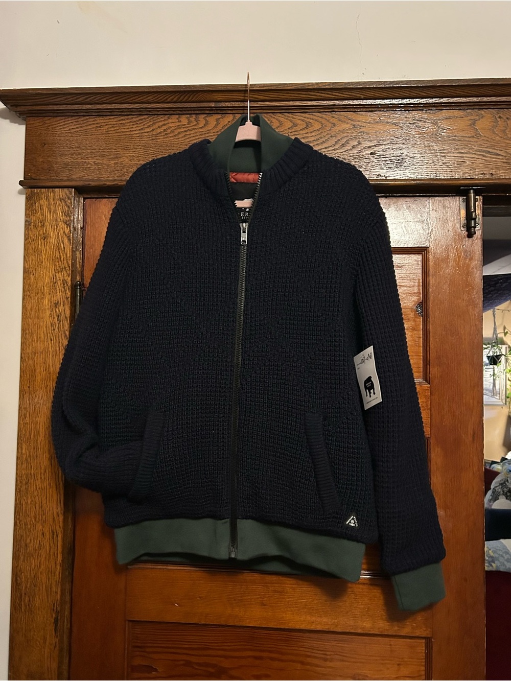 American Stitch Navy Knit Full-Zip jacket Sweater look with Olive Trim size M